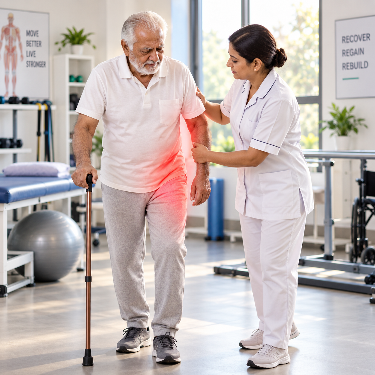 Therapist supporting an elderly patient walking with a cane during rehabilitation