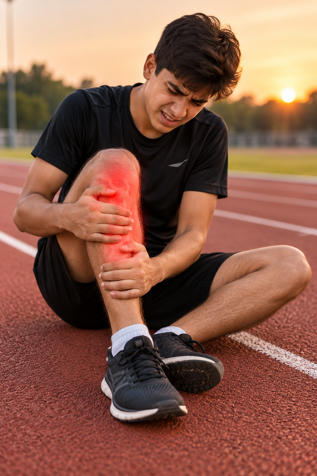 Young runner crouched holding an injured leg