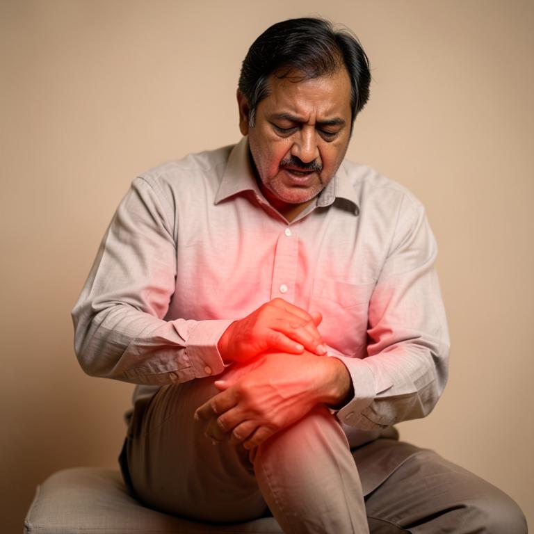 Man seated holding his painful knee joint