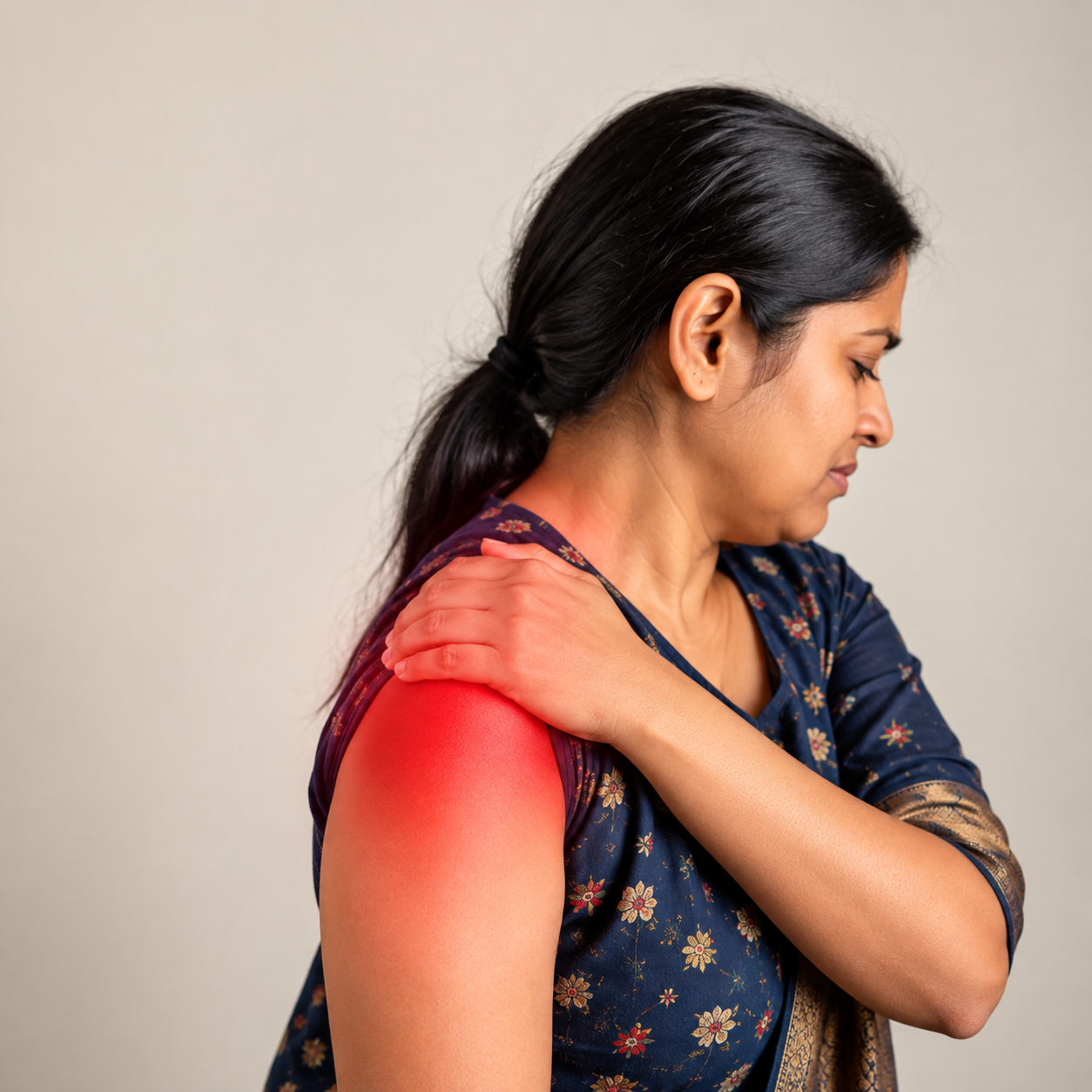 Woman struggling to raise her arm due to frozen shoulder